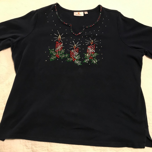 QF navy blue holiday 3/4 sleeve top with 3 blingy candles — sparkly! (2X) - Picture 5 of 16